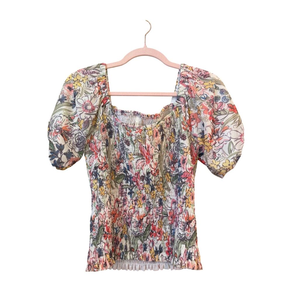 Anthropologie Floral Smocked Top Puff Sleeve Cottagecore Boho Size Medium